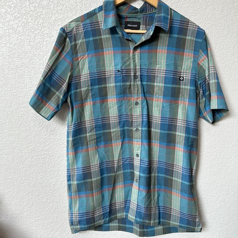 Marmot Button Down Shirt Collared Plaid Blue size Medium - Picture 6 of 9
